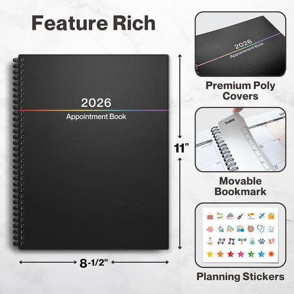 Dunwell Daily Planner 2026, 8.5x11 Appointment Book, 15-Min Hourly Schedule, Jan to Dec 2026, Large Planner with Colorful Tabs, Premium Paper
