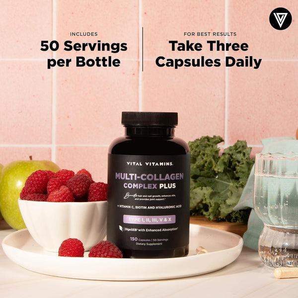 Vital Vitamins Multi Collagen Complex plus - with Biotin, Hyaluronic Acid, Vitamin C - Type I, II, III, V, X - for Women & Men - Hair, Skin, Nails