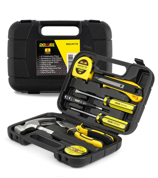 DOWELL Small Homeowner Tool Set 9 Pieces General Household Small Hand Tool Kit with Plastic Tool Box Storage Case HYT8