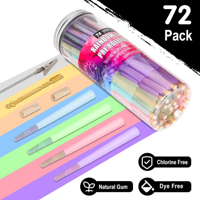Colorful Pre Rolled Cones -72 Pack Rainbow King Size Cones Rolling Paper, Slow B