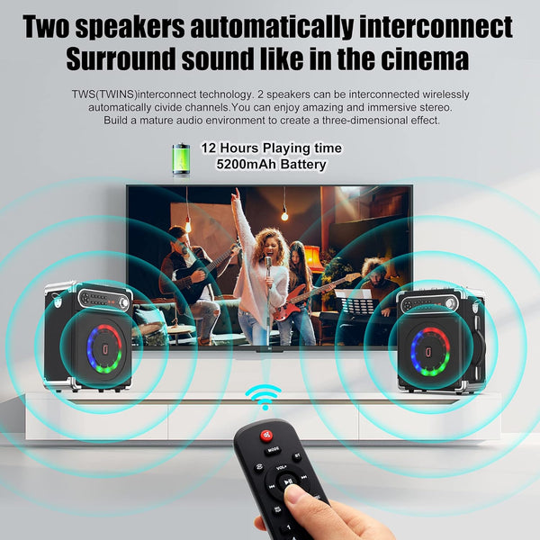 JYX Karaoke Machine with Two Wireless Microphones, Portable Bluetooth Speaker with Bass/Treble Adjustment, PA System with Remote Control, LED