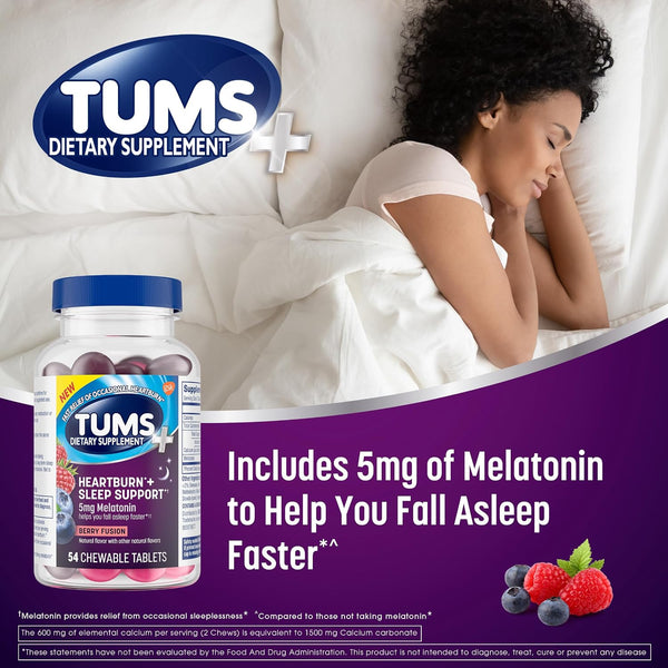 TUMS Chewy Bites Antacid Tablets Plus Sleep Support, Berry Fusion, 54 Count