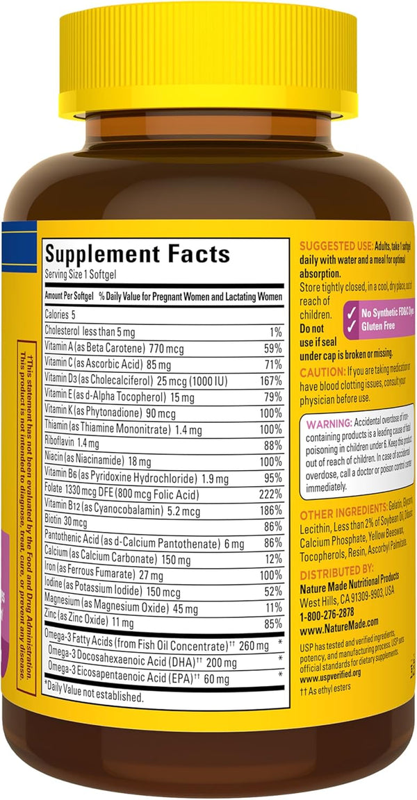 Nature Made Prenatal with Folic Acid + DHA, Prenatal Vitamin and Mineral Supplement for Daily Nutritional Support, 110 Softgels, 110 Day Supply