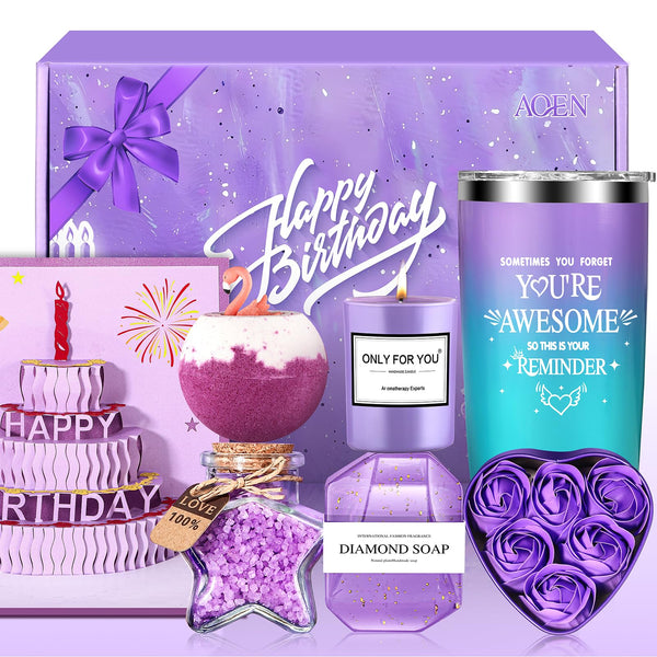 Birthday Gifts for Women Friendship, Aoen Unique Happy Birthday Gifts for Best Friends Women, Mom, Sister, Wife, Coworker, 7P Purple Self Care Spa