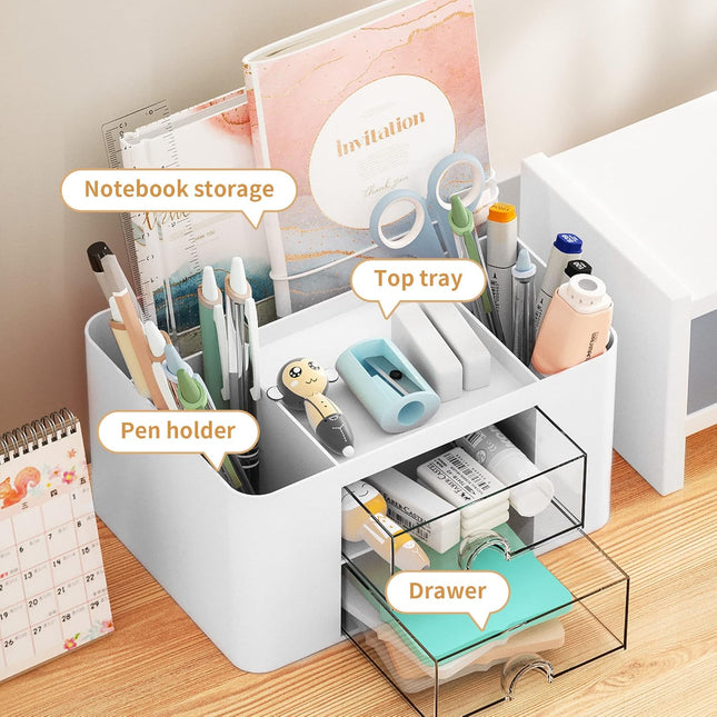 Marbrasse Pen Organizer with 2 Drawer, Multi-Functional Pencil Holder for Desk, 
