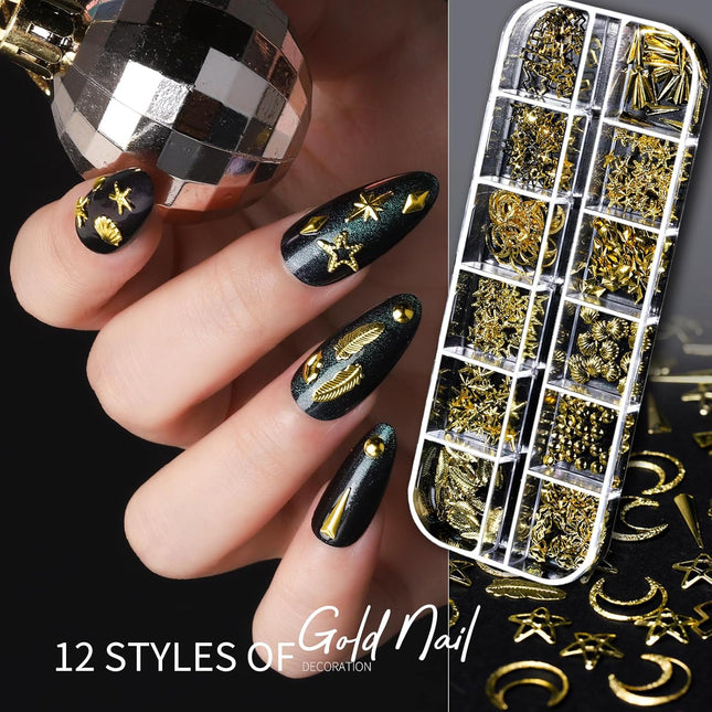Teenitor Nail Charms Nail Art Kit with 15 Sheets Gold Nail Stickers, 6 Boxes of 