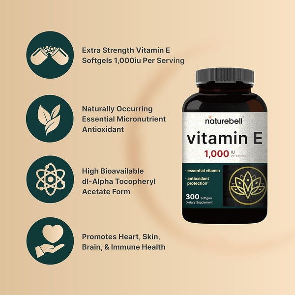 Naturebell Vitamin E Oil Softgels, 1,000 IU per Serving, 300 Pills | Essential Antioxidant Supplements, Easily Absorbed Form Ã¢ÂÂ Supports Skin,