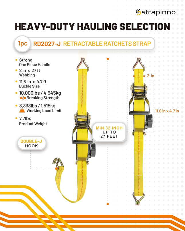 Strapinno Retractable Ratchet Tie-Down Strap - 2 in X 27 Ft Heavy-Duty Strap with Double J Hooks, Tangle-Free Webbing, 1