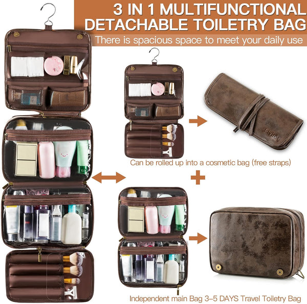 Elviros Hanging Toiletry Bag Removable Travel Bag PU leather Makeup Cosmetic Organizer Kit, Coffee | Removable Travel Organizer Bag for Cosmetics,