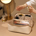 Prite Makeup Bag for Women Travel Waterproof Vegan Leather Cosmetic Bag Open Flat Toiletry Bag with Clear Divider and Handle (Beige)