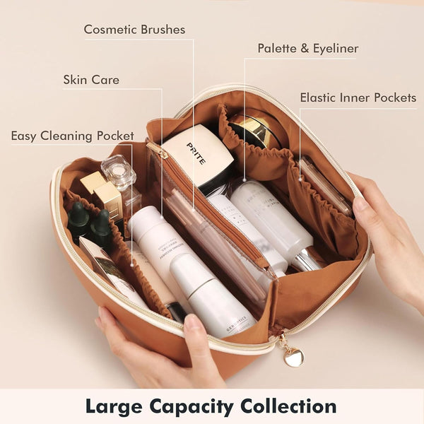 Prite Makeup Bag Travel Toiletry Bag Open Flat Cosmetic Organizer for Women New Brown Medium