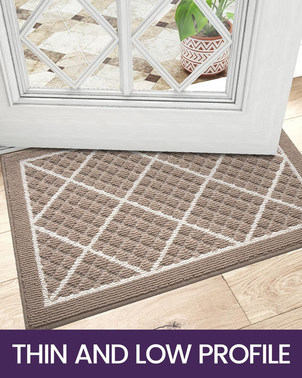 DEXI Front Door Mat Indoor Entryway 17x30 Inside Entrance Doormat Beige | Non Slip Low Profile Thin Absorbent Washable Entry Mats for House Floor,