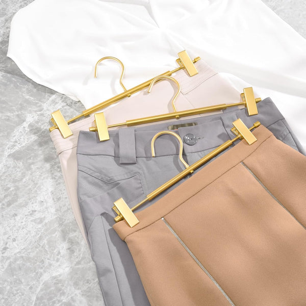 Amber Home 10 Pack Matte Gold Aluminum Pants Hangers, 12.2” Extra Smooth Metal Skirt Hangers with 2 Adjustable Non-Slip Clips, Light & Sturdy