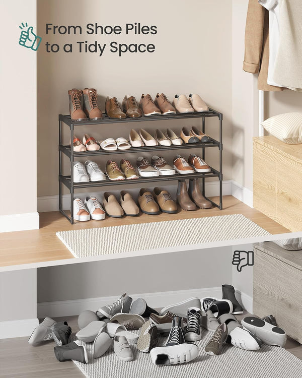 SONGMICS Shoe Rack, 3-Tier Shoe Organizer, Metal Storage Shelf, Upright or Upside Down, for 16-20 Pairs, Stackable, for Entryway, 11.8 x 36.2 x