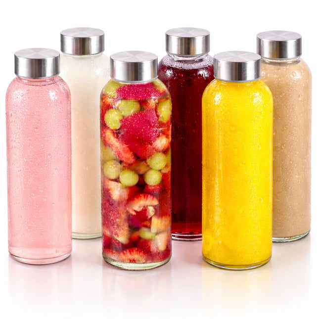 Brieftons Borosilicate Glass Water Bottles with Caps: Clear, 6 Pack, 18 Oz, Heat Resistant, Slim, Easy to Store, Leakpro