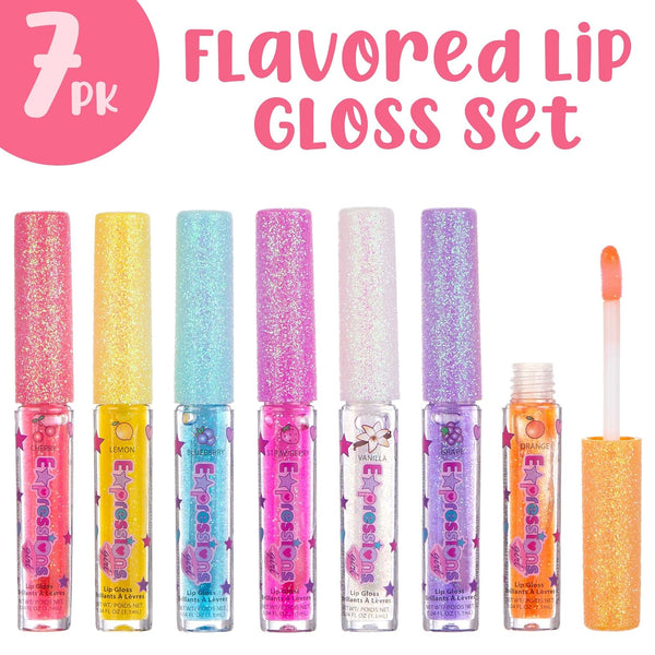 7pc Fruity Flavored Lip Gloss Set - Assorted Fruit Flavor-Great Gift | Non-Toxic Kids Makeup. Fun Shiny Lip Gloss Collection for Kids, Teens &