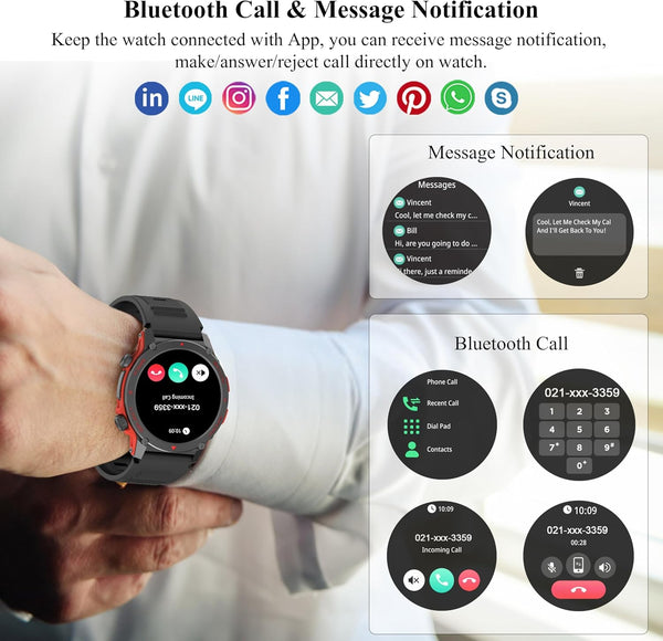 Popglory Smart Watch, 1.43''AMOLED 45mm Military Smartwatch Men Women Answer/Make Call, Digital Fitness Watch, 110+ Sports, Blood Pressure, Heart