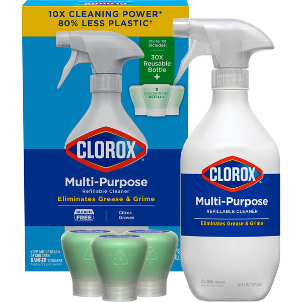 Clorox Multi-Purpose Spray Starter Kit 3X1.125Fo, Household Essentials, Concentrated Refill + 20Fo Spray Bottle