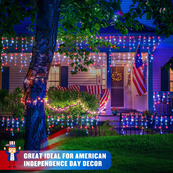 JMEXSUSS Icicle Lights for 4th of July Decor, 400 LED Red White and Blue | 38.8 Ft Icicle Lights for Outside, Independence Day Icicle String Light