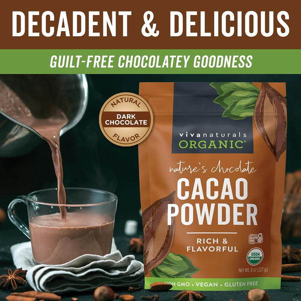 Organic Cacao Powder, Unsweetened, 8 oz (227 g) – Rich Dark Chocolate Flavor, Perfect for Baking, Smoothies & Hot Chocolate – Vegan, Keto, Paleo,