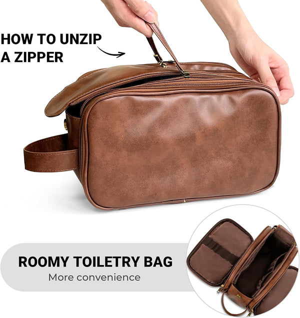 Elviros Toiletry Bag for Men PU Leather Dopp Kit (Large, Dark Brown) | Water-Resistant Travel Organizer for Bathroom Toiletries, Shaving Tools,
