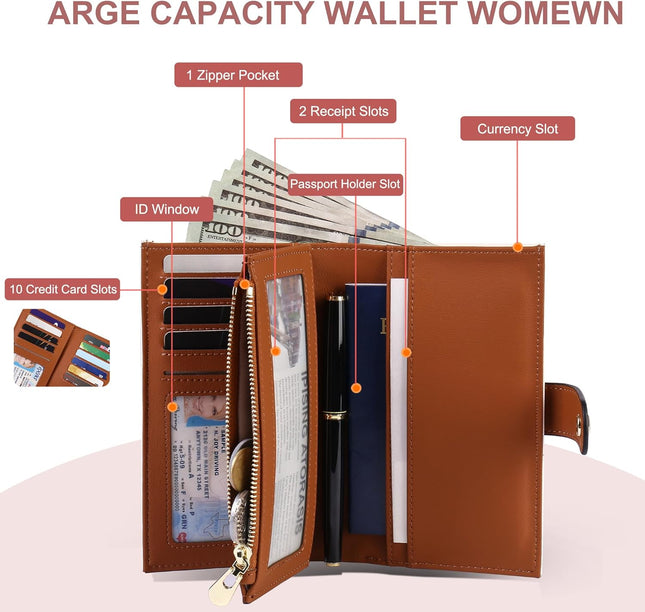 Women'S Wallets RFID Blocking Leather Trifold Clutch Wallet Credit Card Holder L