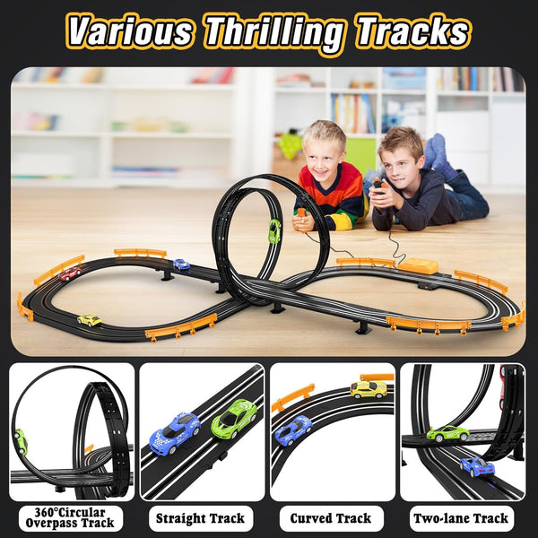Slot-Car-Race-Track-Sets for Boys Kids, Battery or Electric Race Car Track with 4 High-Speed Slot Cars, Dual Racing Game 2 Hand Controllers
