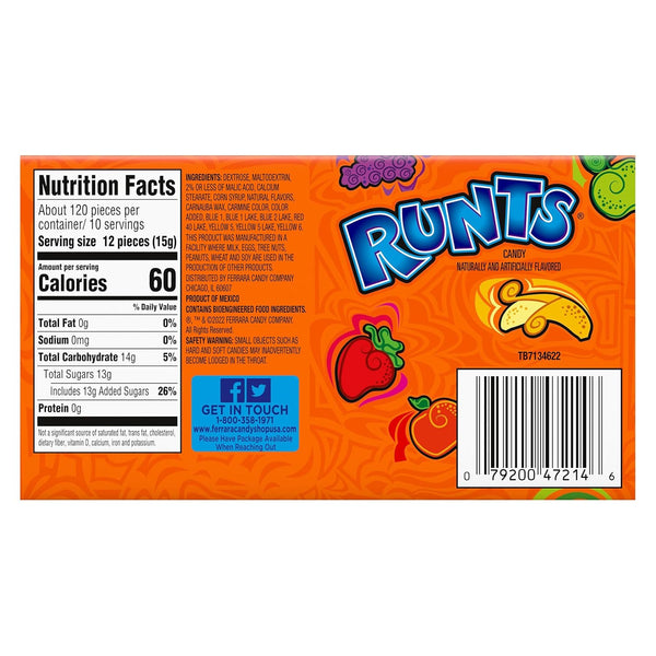 Wonka Runts Hard, Chewy & Fruity Candy, 5 Ounce Theater Candy Boxes (Pack of 12) Runts Pack of 12