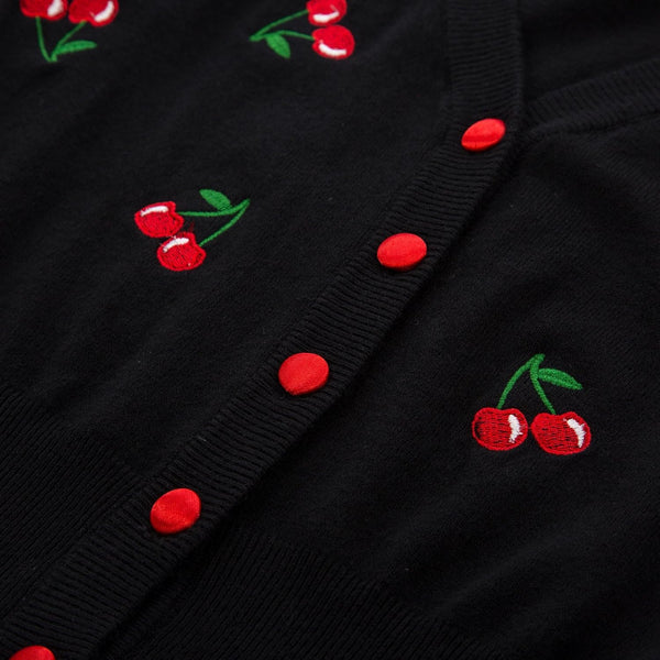 Belle Poque Women's 3/4 Sleeve V-Neck Button Down Cherries Embroidery Cropped Cardigan Sweater Coat Black X-Large