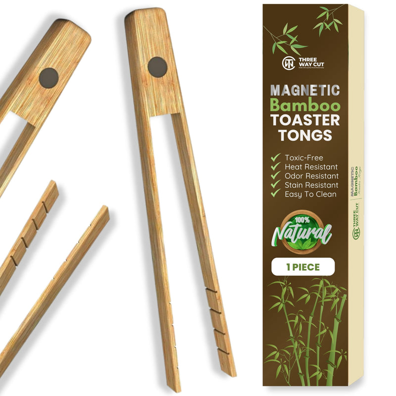 Toaster Tongs With Magnet | Kitchen Utensils For Cooking and Holding Toast Bacon Muffin Bagel Bread | 8 Inch Long Natural Non Toxic Bamboo 1 pc -