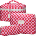 Quilted Makeup Bag Set - 3 PCS Cute Floral Cotton Makeup Bag, Large Coquette Aesthetic Make up Cosmetic Bag, Flower Travel Toiletry Organizer Bags