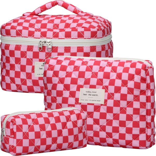 Quilted Makeup Bag Set - 3 PCS Cute Floral Cotton Makeup Bag, Large Coquette Aesthetic Make up Cosmetic Bag, Flower Travel Toiletry Organizer Bags