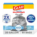 Glad ForceFlex MaxStrength Kitchen Trash Bags, Rip and Tear Resistant, Fresh Clean Scented Large Garbage Bags, Odor Control, Febreze Freshness, 20