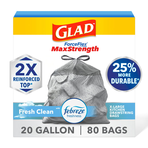 Glad ForceFlex MaxStrength Kitchen Trash Bags, Rip and Tear Resistant, Fresh Clean Scented Large Garbage Bags, Odor Control, Febreze Freshness, 20