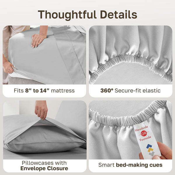 Natural 100% Cotton Queen Sheets Set, Soft, Durable Sateen, Light Grey | Good Housekeeping Seal, Lightweight, Breathable, For Hot Sleepers, 4pc