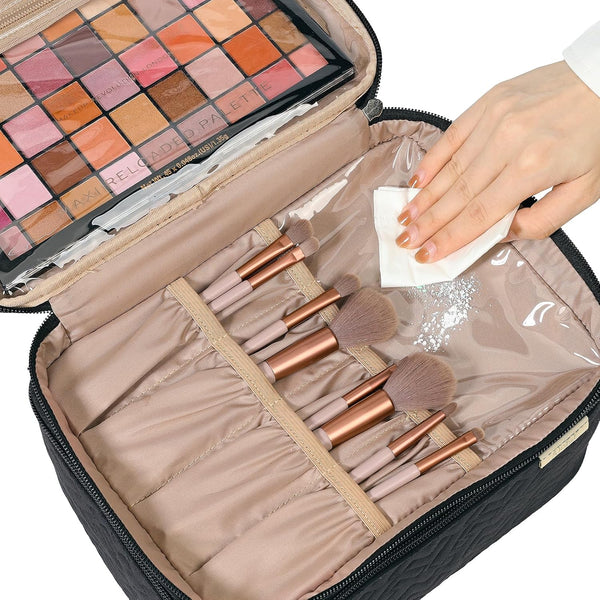 NISHEL Large Makeup Bag Organizer, Double Layer Cosmetic Travel Case Black Large