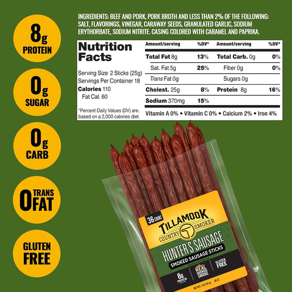 Tillamook Country Smoker Hunter’s Sausage Smoked Sausage, 16 Oz, 36 Ct, Bulk Pack, Real Hardwood Smoked Beef Meat Sticks, 8g Protein, 0g Sugar &