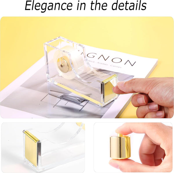 Famassi Gold Desk Accessories，Office Supplies Set Acrylic Stapler Set Staple Remover, Tape/Pen Holder, 2 Ballpoint Pen, Scissor, Binder/Paper