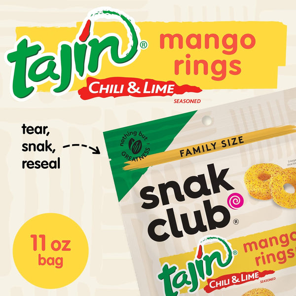 Snak Club Tajin Mango Rings Gummy Candy, Fruit Candy Gummies with Chili and Lime Seasoning, Mild, Gluten-Free and Vegan Snacks, 11 oz Resealable