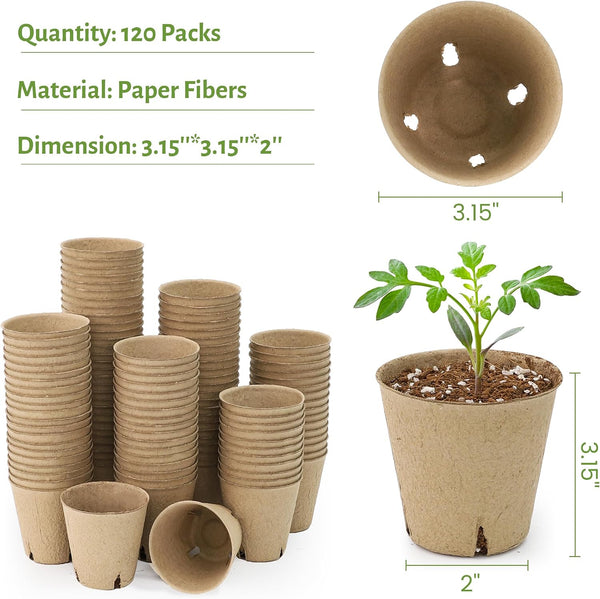 Bluepro 120 Packs 3.15 Inch Peat Pots, Biodegradable Pots for Seedlings with Drainage Holes, Herb Seed Starter 3.15 Inch-120Pcs Biodegradable Pots