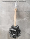 Shower Sponge Loofah Back Scrubber, Soft Mesh Body Scrubber with Wooden Handle, Bath Sponge for Women Kids (Black)