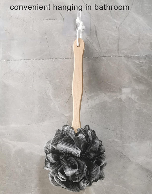 Shower Sponge Loofah Back Scrubber, Soft Mesh Body Scrubber with Wooden Handle, Bath Sponge for Women Kids (Black)