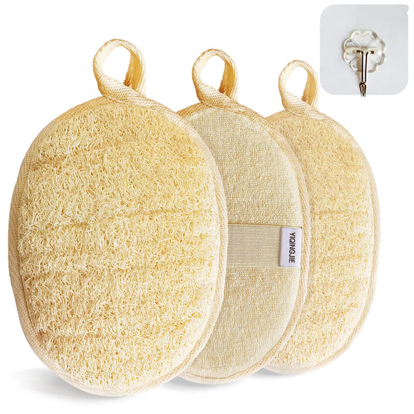 YIQINGJIE Natural Loofah Sponge Exfoliating Body Scrubber (3 Pack) Beige Beige 1 Count (Pack of 3)
