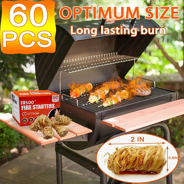 E500 Fire Starter - Natural Fire Starters for Fireplace, Campfires, Chimney, BBQ, Fire Pit & Wood Fireplace - 60 Pack Odorless Pine Firestarter,