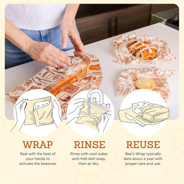 Bee'S Wrap Vegan Beeswax Wraps for Food - Assorted 7 Pack (2S, 2M, 2L, & 1 Bread) Made in USA Reusable & Organic Food Wraps & Bowl Covers -