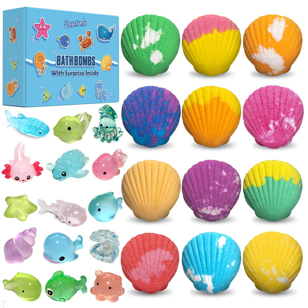 Bath Bombs for Kids with Surprise Toys Inside, 12 Pack Shell Kids Bath Bombs Gift Set for Girls Boys Birthday, Easter, Christmas, Halloween,