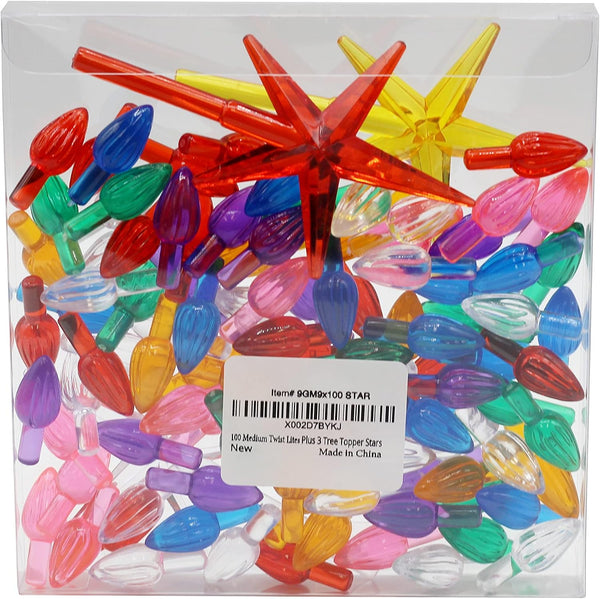 Creative Hobbies Ceramic Christmas Tree Replacement Lights, Medium Twist Light Ornaments, 100 Pc Multi Colors Plus 3 Tree Topper Stars Multicolor
