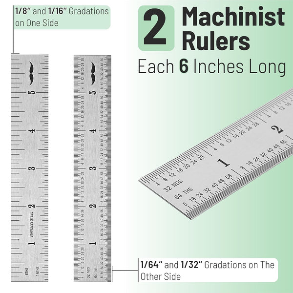 Mr. Pen- Machinist Ruler, 6 Inch, 2 Pack, Stainless Steel Imperial | Precision Measuring Tool, 1/8", 1/16", 1/32", 1/64" Graduation for
