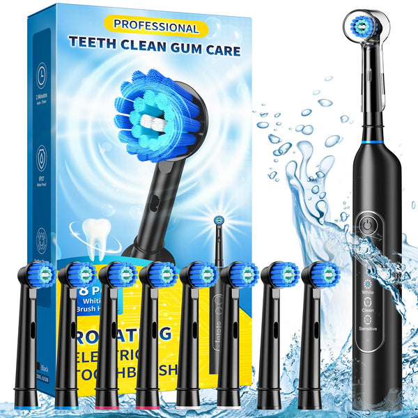 Rotating Electric Toothbrush for Adults with 8 Brush Heads, Sensitive Gum Care Electric Toothbrush with 3 Modes and 2 Min Smart Timer,
