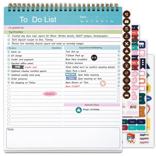 To Do List Notepad, Spiral Bound Undated Daily Planner, 52 Sheets 8.5" X 10.5" T